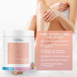 NOVA PHARMA Hydrolyzed Marine Collagen - Hyaluronic Acid - Collagen Powder Supplement - Skin Health - Anti-aging - 30 Servings (Lotus & Passion fruit)