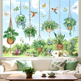 decalmile Spring Hanging Potted Plant Double Sided Window Clings Botanical Cactus Green Leaves Anti-Collision Glass Doors Window Stickers Decals