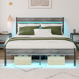 PUNICE Full Size Bed Frame with Charging Station, LED Light Metal Bed Frame with Wooden Headboard, No Box Spring Required, No Noise, Easy Assembly, Light Grey