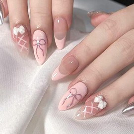 BQZQPAMZ Pink Medium Length Fake Nails Pink French Tip Press on Nails With 3D Bow Design Spring Cute Glue On Nails Natural Acrylic Nails for Women DIY Spring Summer Nail Art Supplies
