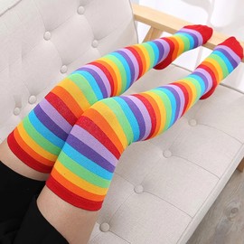 AUOCATTAIL Womens Rainbow High Socks Gloves Set Over Knee Striped Socks Rainbow Dash Cosplay Accessories for Girls