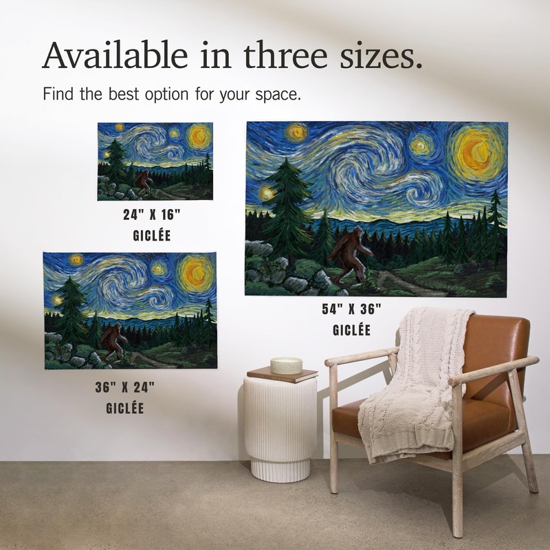 Lantern Press 16x24 Inch Giclee Print, Starry Night, Bigfoot