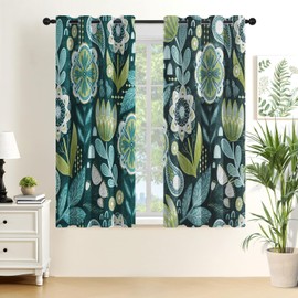 MitoVilla Boho Floral Blackout Curtains for Bedroom Windows, Plant Leaves Print Curtains for Living Room, Dark Green Bohemian Dining Room Curtain Draperies 2 Panel Sets, 52" X 63"