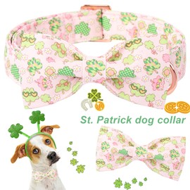 ARING PET St Patrick's Dog Collar-Cute Pink Shamrock Dog Collars with Bow, Adjustable Clovers Bowtie Dogs Collars Trefoil Pet Necklace with Metal Buckle