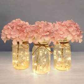 ysnn Set of 3 Mason Jar with Lights Blush Hydrangea Decorative Jars Flower Vase Farmhouse Table Centerpiece for Home Wedding Event Party Decor