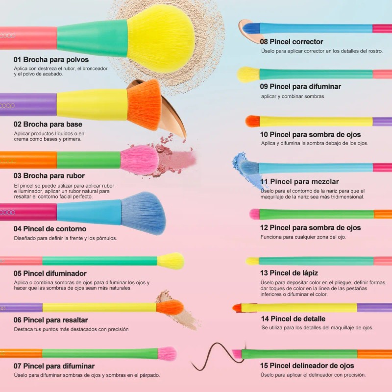 Brochas De Maquillaje Docolor Oficial, Juego De 15 Piezas