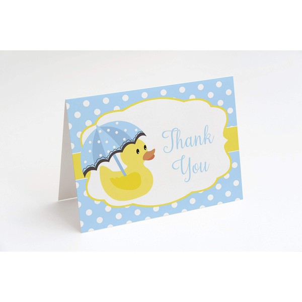Duck Baby Shower Thank You Cards It's a Boy Thank You Notes Rubber Ducky Polka Dots Blue Yellow Sprinkle Personalized Printed Folding Notes (50 Count)