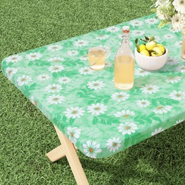 misaya Rectangle Vinyl Tablecloth, Fitted Table Cover, 100% Waterproof, Elastic Edge, Plastic Table Cloth Fit 4 Foot Folding Tables for Picnic, Camping, Outdoor (Green Daisy, 30x48 inch)