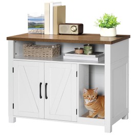 HOOBRO Cat Litter Box Enclosure, Farmhouse Wooden Cat Furniture with Scratch Pad, Storage Layer, Litter Box Furniture, End Side Table,White and Walnut, WH24MW01