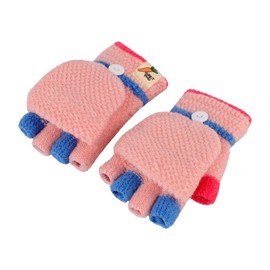 Children's Half Finger Gloves with Flip Top Mittens Knitted Gloves Five Finger Mittens Winter Gloves Knitted Cycling Gloves 3-10 Years Old, PINK-F