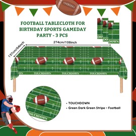 3pcs Disposable Football Tablecloth - Green Touchdown Plastic Dining Table Covers With Field Pattern for Birthday, Sports Gameday Party Decorations and Supplies - 108 x 54 Inch