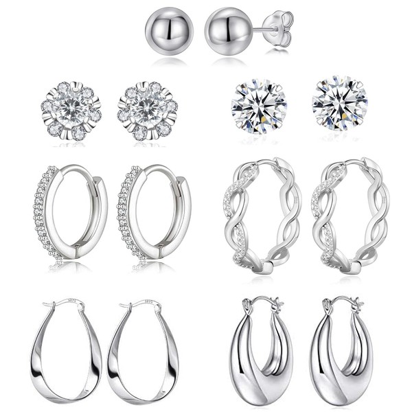 Earrings Set, 7 Pairs of Stud Earrings, 925 Silver Hoop