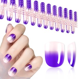 5 Pack 120 PCS Press On Nails Short Length Square Jelly Glue On Nails, Gradient Pink Purple Press On Nails Set, 5 Set Glossy Press On Nails for Women Girls Artificial Fingernails Decor