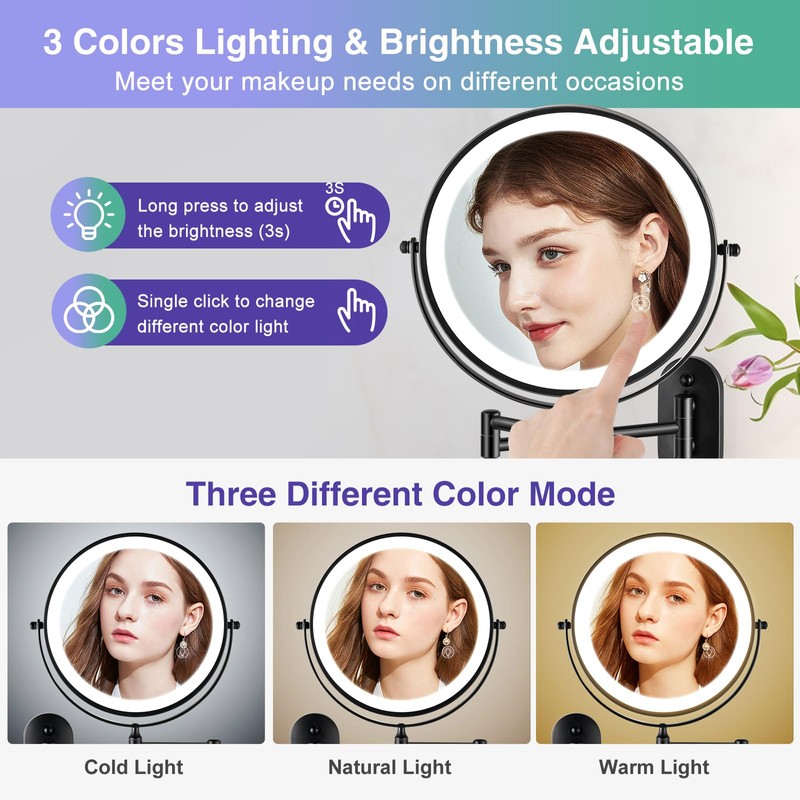 Wall Mounted Makeup Mirror with Light: 30X/1X 8.5'' Double Sided