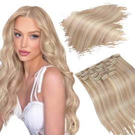 Ugeat Human Hair Clip in Extensions Blonde Highlight 14 Inch Double Weft Clip in Hair Extensions Human Hair Highlights Ash Blonde with Bleach Blonde Real Natural Reusable 105g 7pcs