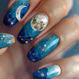 Moon Press on Nails Medium Square Fake Nails Constellation Stick on Nails Blue Gradient Acrylic Glue on Nails Glossy Artificial False Nails Full Cover Uñas Postizas Reusable Nails Kit for Women Girls