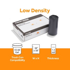 Staples COASTWIDE 55-60 Gallon Industrial Trash Bag, 38" x 58", Low Density, 1.5 mil, Black, 100 Bags (CW25531)