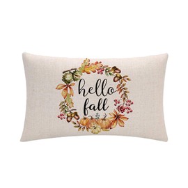 7COLORROOM Set of 2 Autumn Decorations Pumpkin Pillow Covers Autumn Harvest Pumpkin Wreath Rectangular/Waist Cushion Cover Farmhouse Hello Fall Decorative Pillowcases 12" x 20" for Sofa Couch Bed