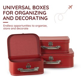Soul & Lane Decorative Suitcase Storage Boxes with Handle, Set of 3 Cardboard Suitcase Boxes with Lids, Red Vintage Luggage Prop Travel Decor for Home, Travel Themed Party Decorations