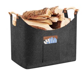 Felt Basket XXL, Wood Basket for Firewood, Firewood Basket with Reinforced Wooden Handle and Gloves, Foldable Felt Bag, Large Firewood Basket for Wood, Newspaper or Firewood, Fire Firewood (55 x 40 x