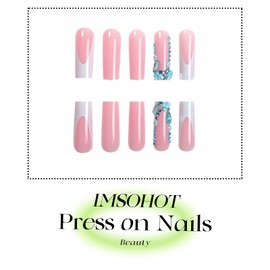 IMSOHOT Long Press on Nails Square Fake Nails Blue Flower & Rhinestone French Nail Tips Full Cover Glossy Acrylic Glue on False Nails