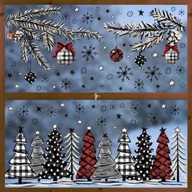 Horaldaily 123 PCS Christmas Window Cling Sticker, Black Red Christmas Tree Snow for Home Party Supplies Shop Window Glass Display Decoration
