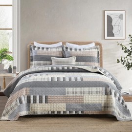 Uniclinens Quilt Set Queen Size, 100% Cotton Quilted Quilt Bedding Set Bedspreads, Farmhouse Patchwork Plaid Reversible Quilted Comforter Set, 3 Pieces Set with 2 Pillowshams, Cream/Grey/Brown