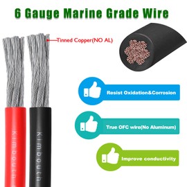 6 Gauge Marine Wire Tinned Copper Boat Cable, Standard USA OFC Oxygen Free Copper Wire for Automotive Boat Speakers Solar Outdoors (6 Gauge 10FT Red+10FT Black)