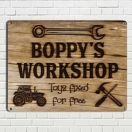 Boppy’s Workshop Toys Fixed for Free, 8.5 x 11.5 Inch Aluminum Sign, Vintage Workshop and Garage Signs Wall Decor, Gifts for Papa, Dad, Pop, Woodworking, Woodturning, Cabinet Maker, Mechanic