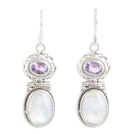 NOVICA Artisan Handmade Rainbow Moonstone Amethyst Earrings Dangle Sterling Silver Clear Purple India Mauve Mist Birthstone [2 in L x 0.5 in W x 0.3 in D] ' Magic and Mysticism'