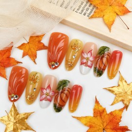 30Pcs Fall Press on Nails Almond Fake Nails Thanksgiving Day False Nails with Autumn Maple Leaf Flowers Pumpkin Pattern and Rhinestones Design Nail Maple Leaves French Tip Nail for Women Holiday Nail