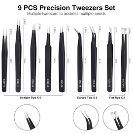 9PCS Precision Tweezers Set, Upgraded Anti-Static Stainless Steel of Tweezers, for Electronics, Soldering, Laboratory Work, Jewelry-Making, Model, Craft