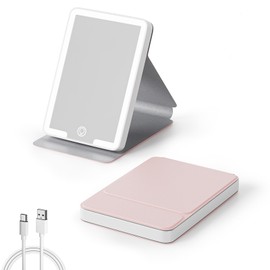 Kintion Tiny Travel Compact Mirror, 4.6"*2.9" Portable LED Lighted Makeup Mirror, 3 Colors Touch Dimmable Purse Mirror, Rechargeable Folding Cosmetic Mirror for Women, Pink