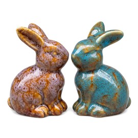 Set of 2 Small Ceramic Rabbit Statue, Handmade Reactive Glaze Decoration