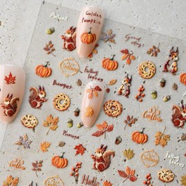 Fall Nail Stickers 5D Embossed Maple Leaves Nail Decals for Nail Art Designs Self Adhesive Squirrel Pumpkin Nail Art Stickers Autumn Thanksgving Day Nails Supplies for Women Nail Decorations