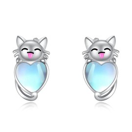 Fox / Panda / Cow Earrings 925 Sterling Silver Cute Animal Moonstone Stud Earrings Animal Moonstone Gift Jewellery for Women Daughter Children, Sterling Silver, Moonstone
