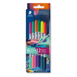 STAEDTLER STAEDTLER 3280C6E2-1 - Rotulador de doble fibra bicolor, dos puntas, dos colores diferentes, anchos de línea de 3 mm y 1 mm, estuche de cartón con 6 rotuladores en colores surtidos