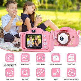 Children's Camera - Kids Camera/Girls Gifts/1080P Children's Digital Camera + 32GB TF Card, Anti-Drop Camera Case/HD Video/38 Picture Frames and Filter/8x Zoom/5 Educational Games, Gifts Boys Girls