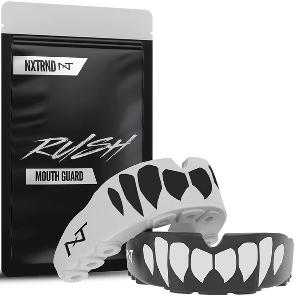 2 Pack Nxtrnd Rush Mouth Guard Sports, Professional Mouthguards for Boxing, Jiu Jitsu, MMA, Wrestling, Football, Lacrosse, and All Sports, Fits Adults, Youth, and Kids 11+ (B&W Fang)