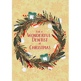 Designer Greetings Wreath with Dental Tools, Floss and Tooth Brush Dentist Christmas Card