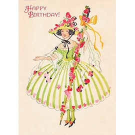 HAPPY BIRTHDAY Greeting card ~ Pretty Woman in Green Pinstrip Dress with Flowers and Staff ~ Birthday Wishes Vintage Large Greeting Card