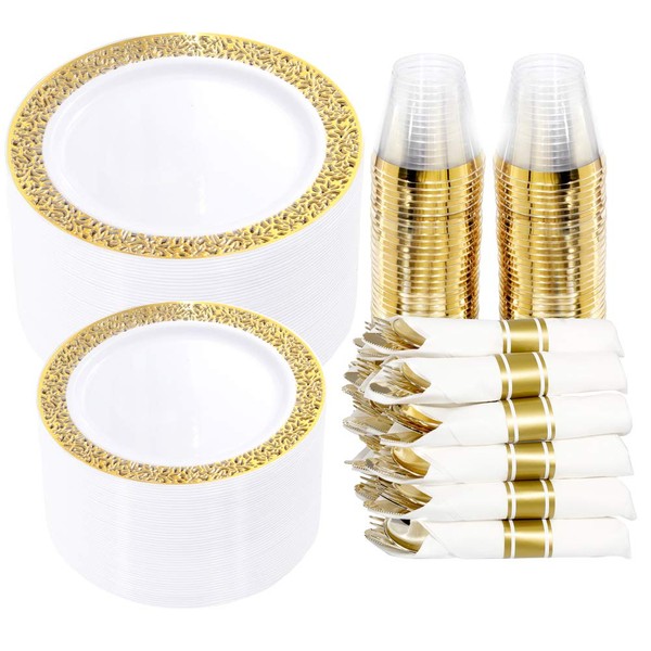 WELLIFE 350 Pieces Gold Plastic Dinnerware,Disposable Gold Lace Plates, Include:50 Dinner Plates,50 Dessert Plates, 50 Pre Rolled Napkins with Gold Silverware and 50 Cups