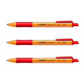 STABILO Pack of 3 Retractable Ballpoint Pens 0.5mm Line Red