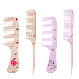 Bmeigo 4pcs Kids Hair Brush Set for Girls Boys - Toddler Hair Combs Wide Tooth Rat Tail Hair Styling Brushes Baby Comb Kit for Children Curly Straight Long Hair, Animals Pattern (Pink + Purple)