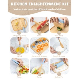 Wooden Kids Cooking Set Montessori Kit - Real Toddler Kitchen Tools & Baking Utensils - 15PCS Cooking Kit for Kids with Storage Bag, Great Gift for Pretend Play & Montessori Learning (Blue)