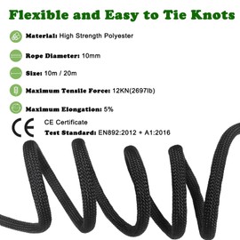 10mm Rope, Multipurpose Rope, Durable Outdoor Cord for Camping, Hiking, Outdoor Adventures, Boating, Fishing, DIY Crafts, and Home Projects (Black, 10m)