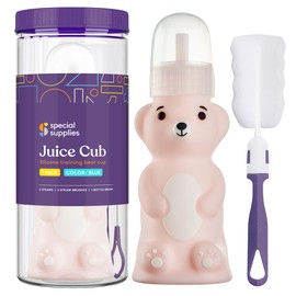 Special Supplies Honey Bear Straw Cup Long Straws, Squeezable Therapy and Special Needs Assistive Drink Container, Spill Proof and Leak Resistant Lid (Pack of 1 Bottle and 3 Straws) (Pink)