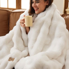 Bedsure GentleSoft Fluffy Faux Fur Throw Blanket, Fuzzy Soft Bubble Blanket for Couch, Faux Fur Decor for Bedroom Living Room Housewarming, Thick Warm Furry Cozy Gifts for Women, Cream, 50x60 Inch