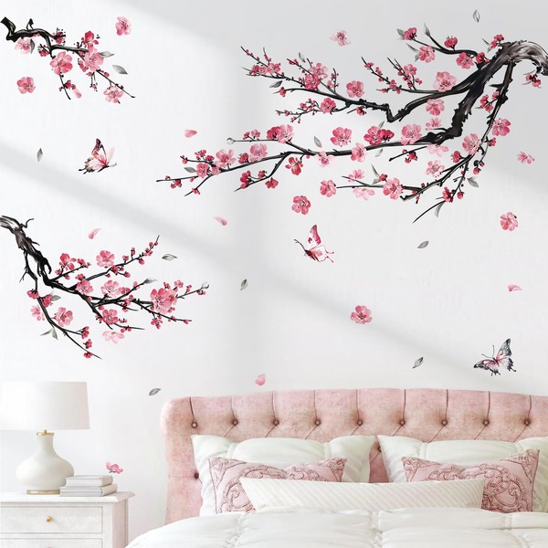 decalmile Wall Stickers Branch of Flowers Pink Tree Wall Sticker for Children's Bedroom Living Room