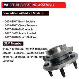 NITOYO 513277 Wheel Bearing Hub Assembly Front/Rear Compatible with 08-17 Buick Enclave, 09-17 Chevy Traverse, 07-2016 GMC Acadia，07-10 Saturn Outlook, 6 Lugs w/ABS